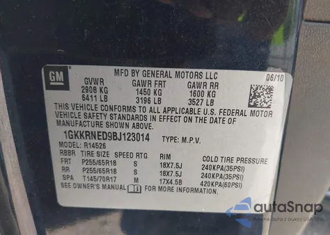 2011 GMC Acadia Sl z USA, uszkodzony, nr VIN 1GKKRNED9BJ123014